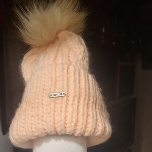 Hollister Kids Light Peach Beanie with Fluffy Pom